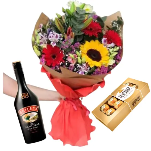 Ramo de flores de estacion con chocolates y baileys 